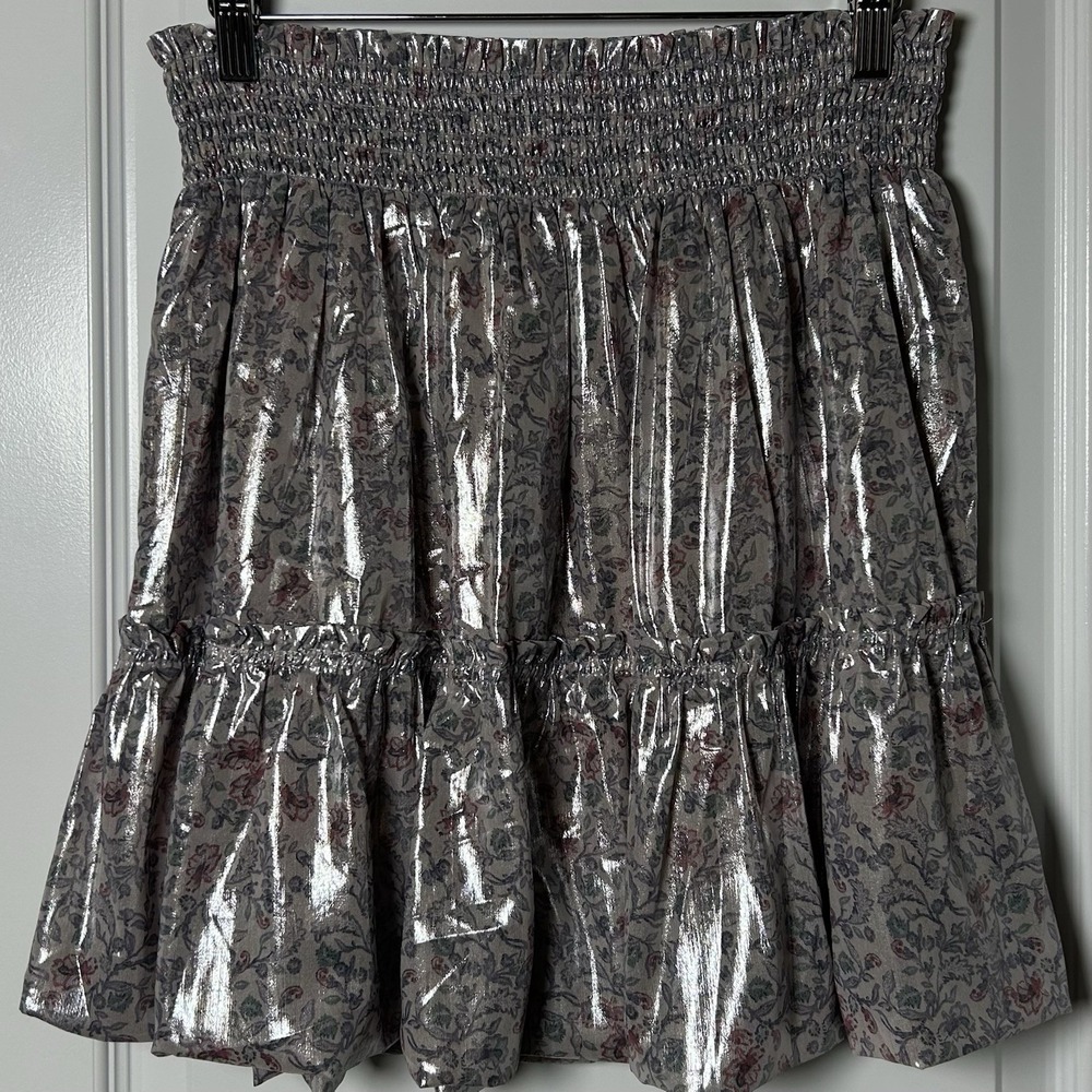 Free People Silver Metallic Floral Tiered Smocked Mini Skirt Festival Boho Style